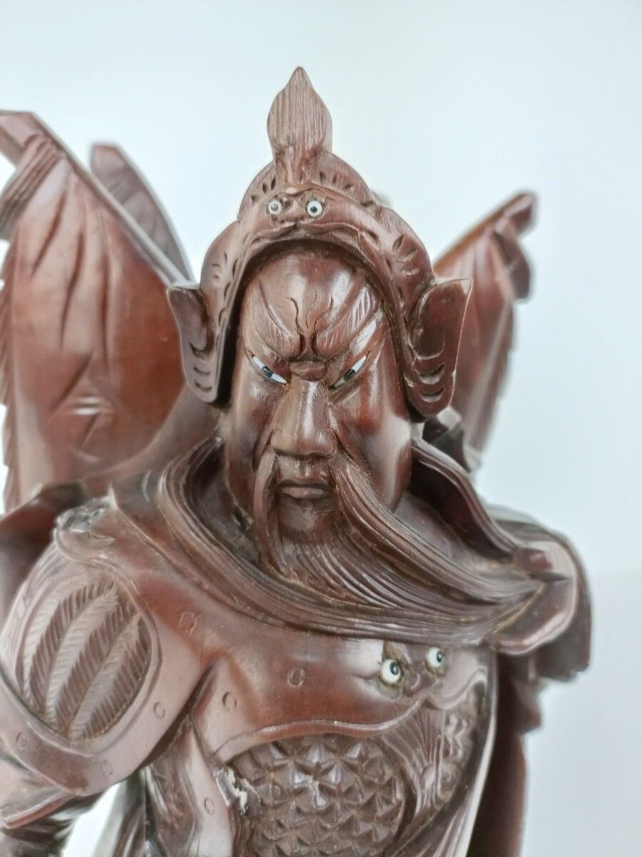Chinese Rosewood Hand Carved Wooden Figurine Sculpture Winged Warrior photo vinterior