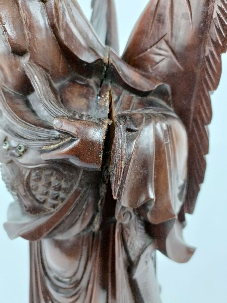 Chinese Rosewood Hand Carved Wooden Figurine Sculpture Winged Warrior photo vintage