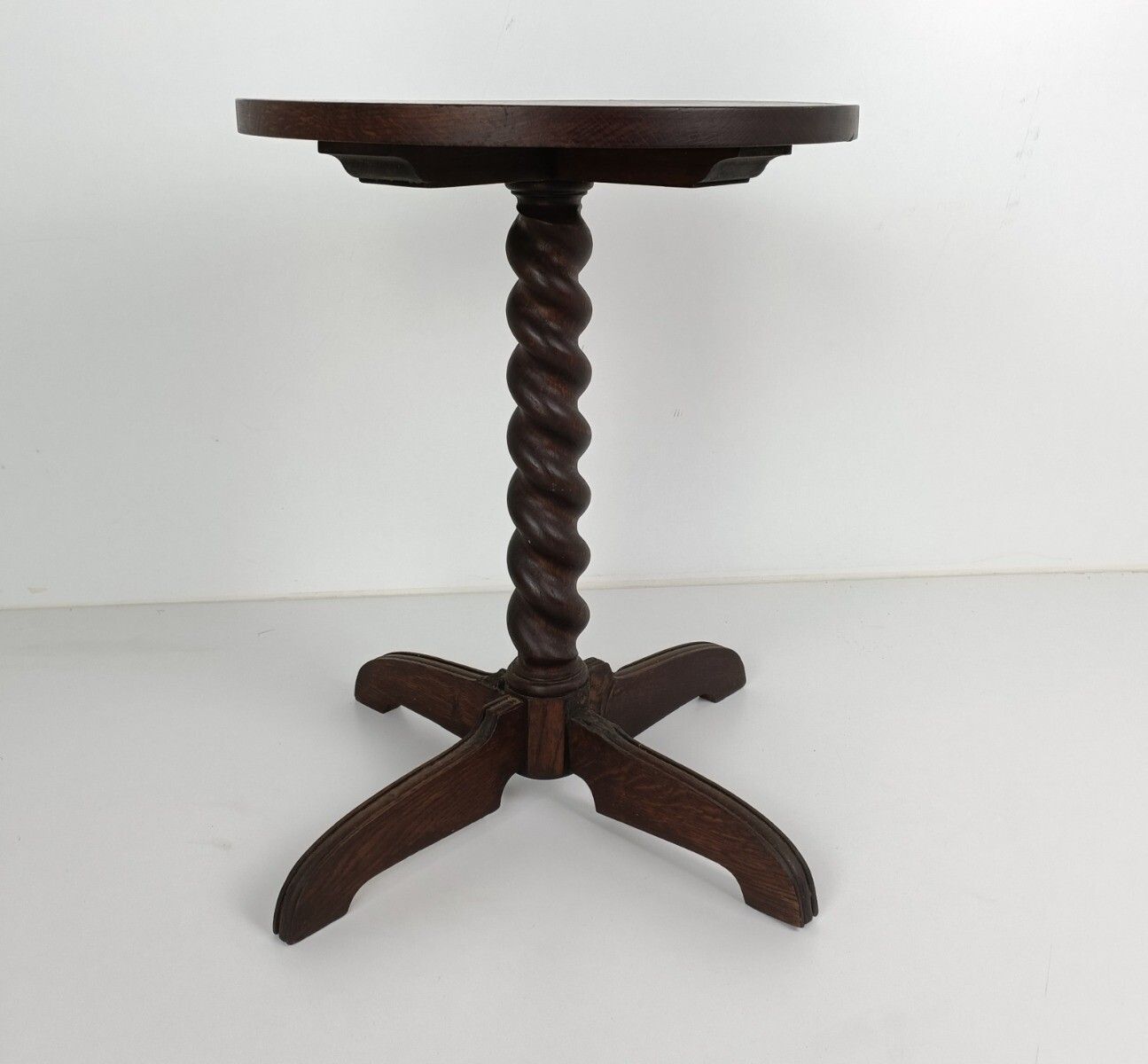 Round Barley Twist Hand Carved Wooden Side Table Pedestal, Plant Stand Barn Styl photo for sale