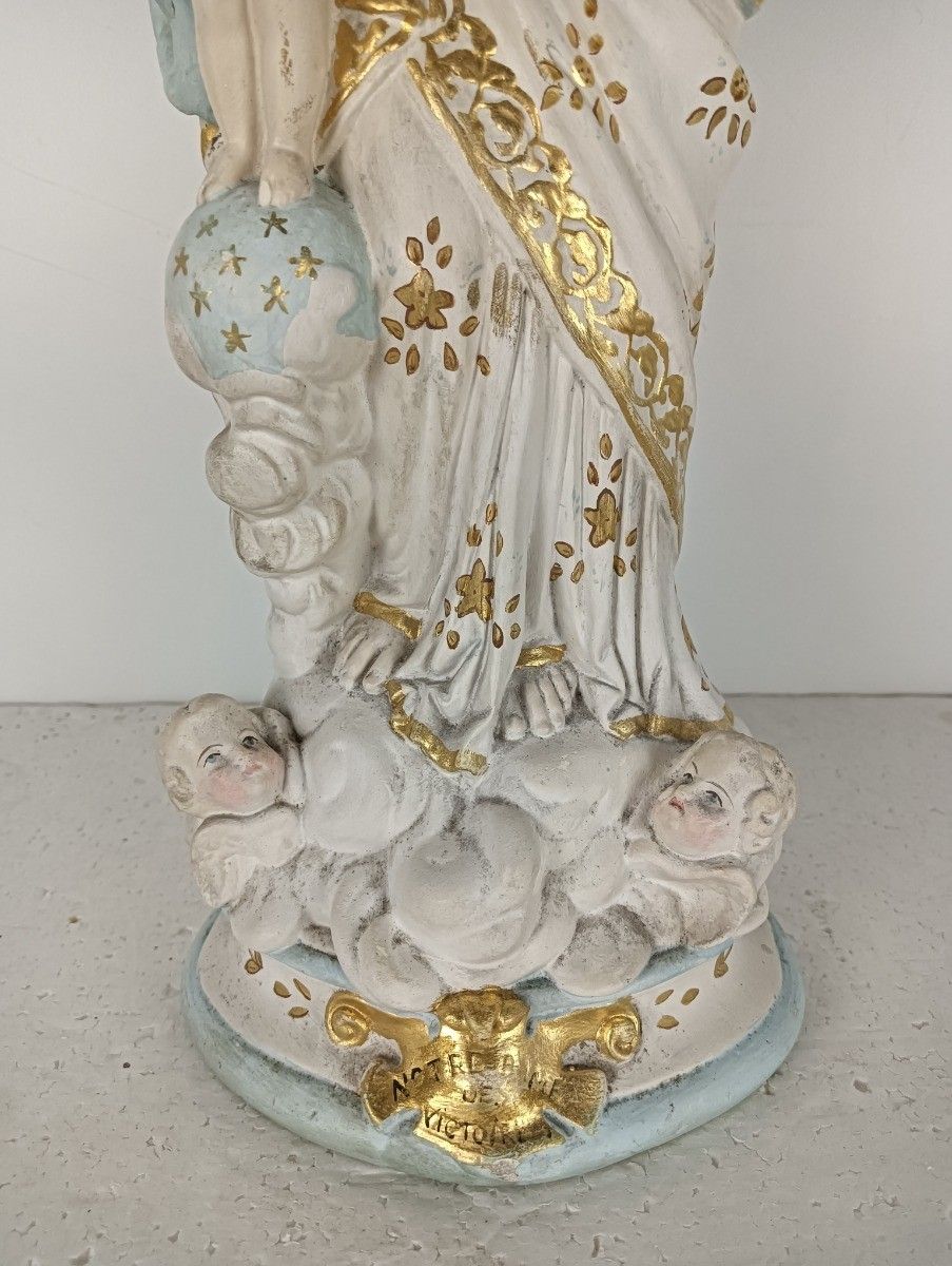 Beautiful Statue Our Lady Of Victory Victoire France Plaster Infant Jesus Angels photo for sale
