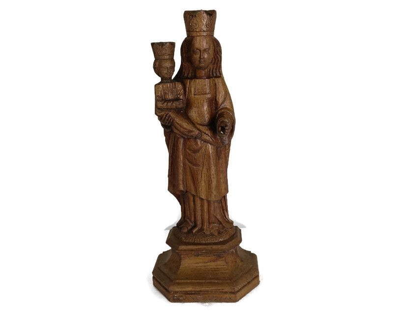 Statue Virgin Mary Lady Madonna Infant Child Hand Carved Wood Vintage Gorgeous G