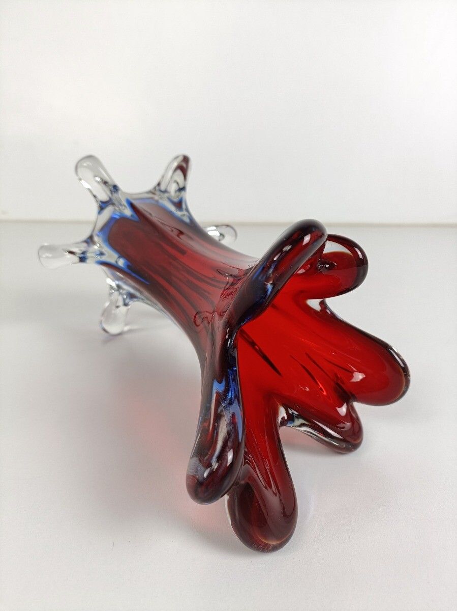 Italian Vintage Red  Blue Art Glass Vase Murano Style  Beautiful Hand Blown photo vinterior