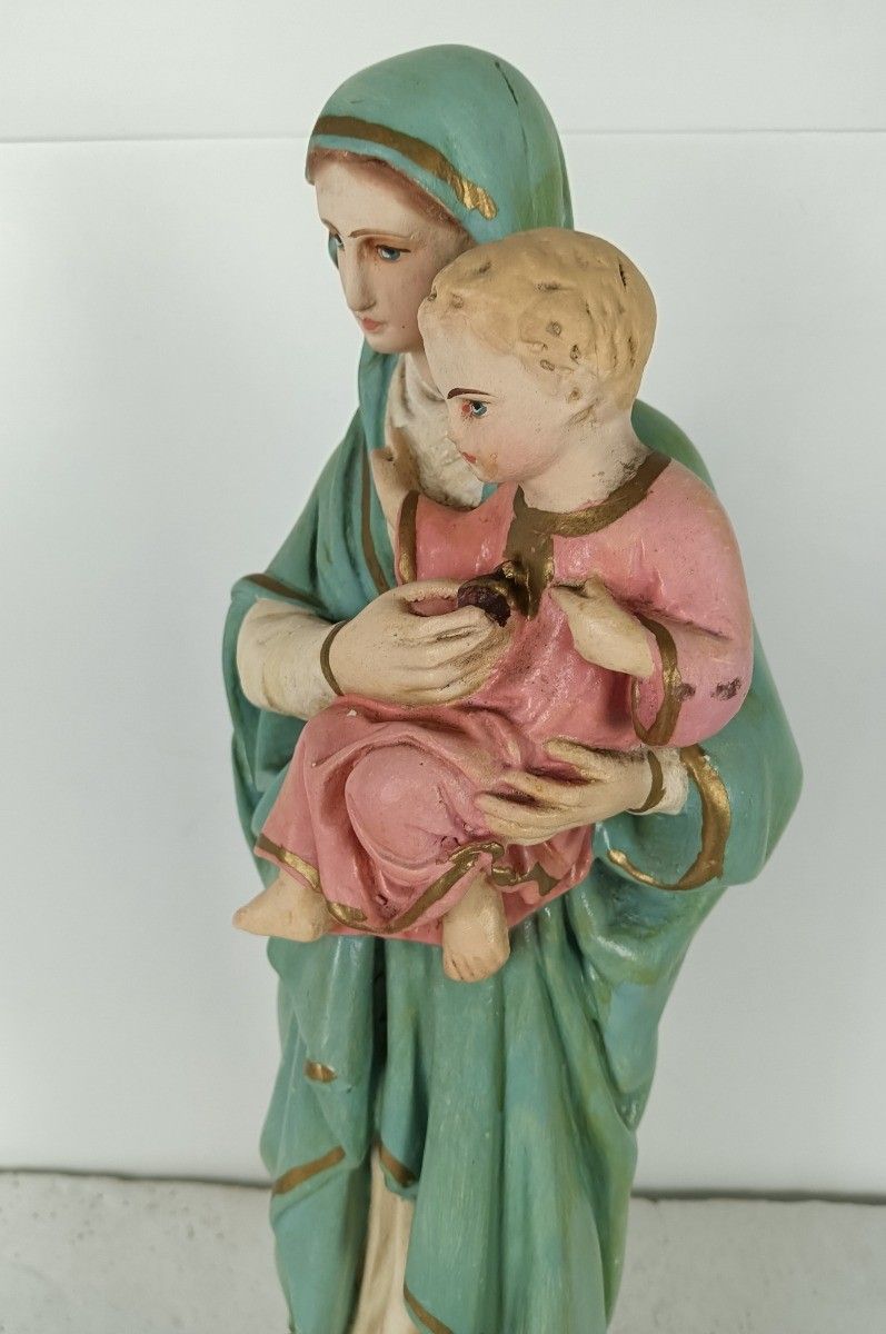 Antique Statue Madonna Virgin Mary Threading On Snake  With Infant Plaster Polyc photo furniture
