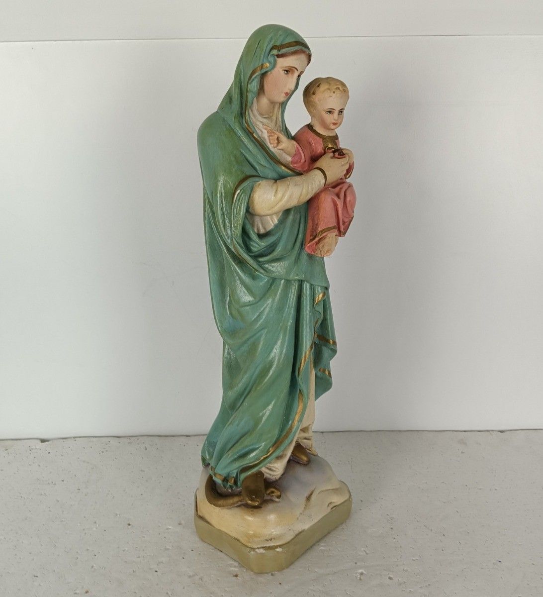Antique Statue Madonna Virgin Mary Threading On Snake  With Infant Plaster Polyc photo 202.0