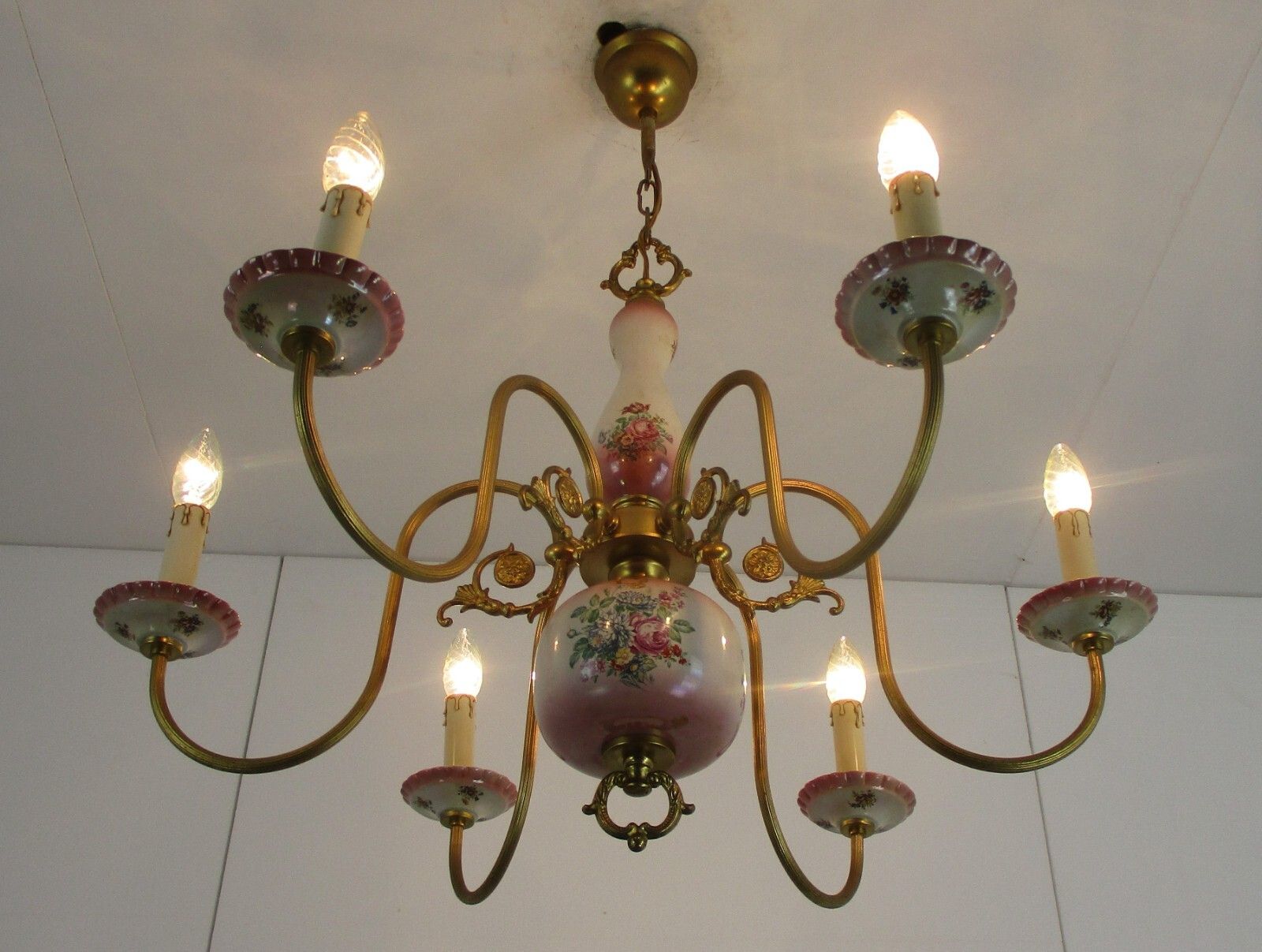 Chandelier 6 Arms Lights Ceramic Porcelain  Pink Flowers Gold Mid Century Italy photo furniture