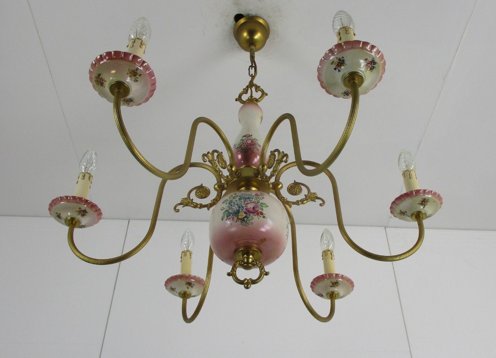 Chandelier 6 Arms Lights Ceramic Porcelain  Pink Flowers Gold Mid Century Italy photo Lighting