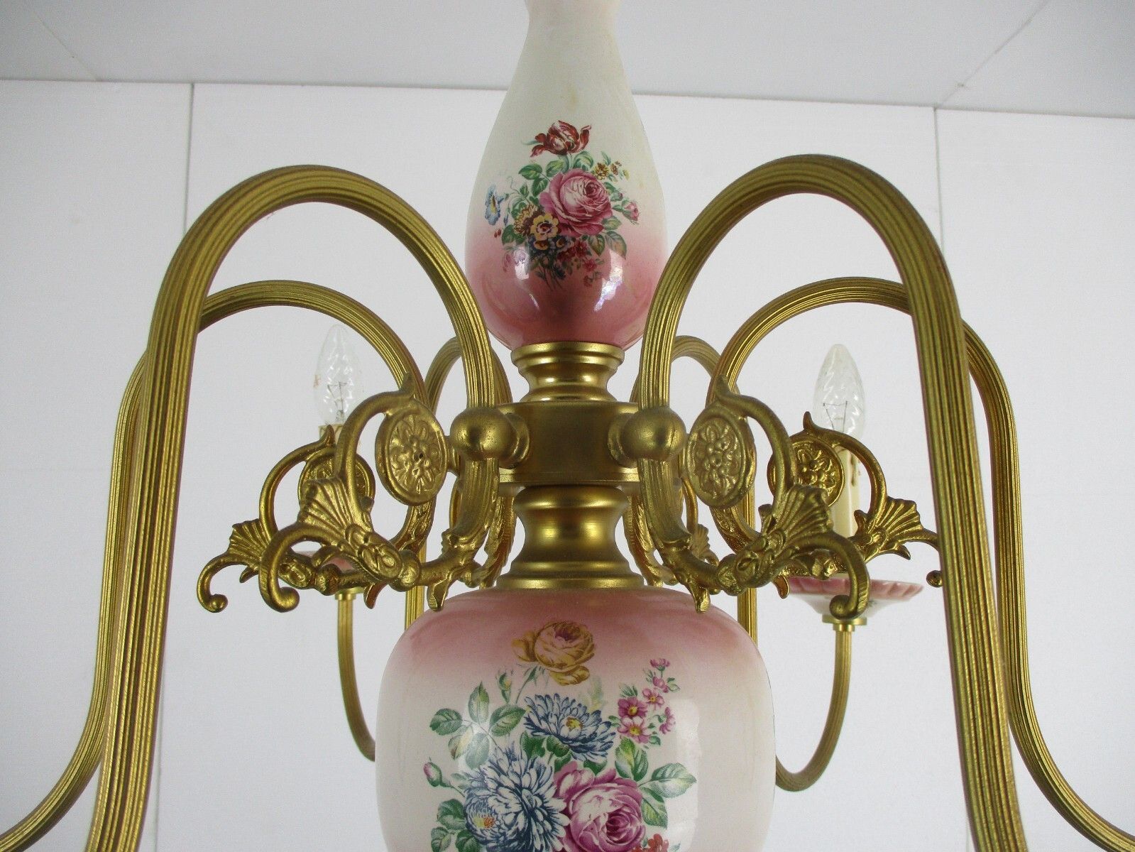 Chandelier 6 Arms Lights Ceramic Porcelain  Pink Flowers Gold Mid Century Italy photo buy