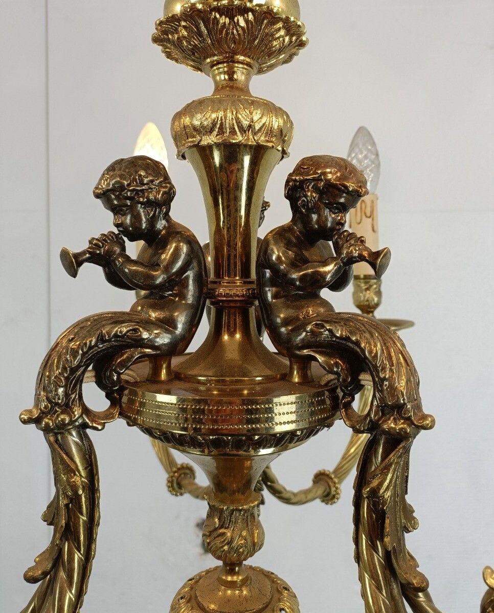 Exquisite Hollywood Regency Chandelier 6 Arm Bronze Patinated Cherubs Trumpet photo 1092.0
