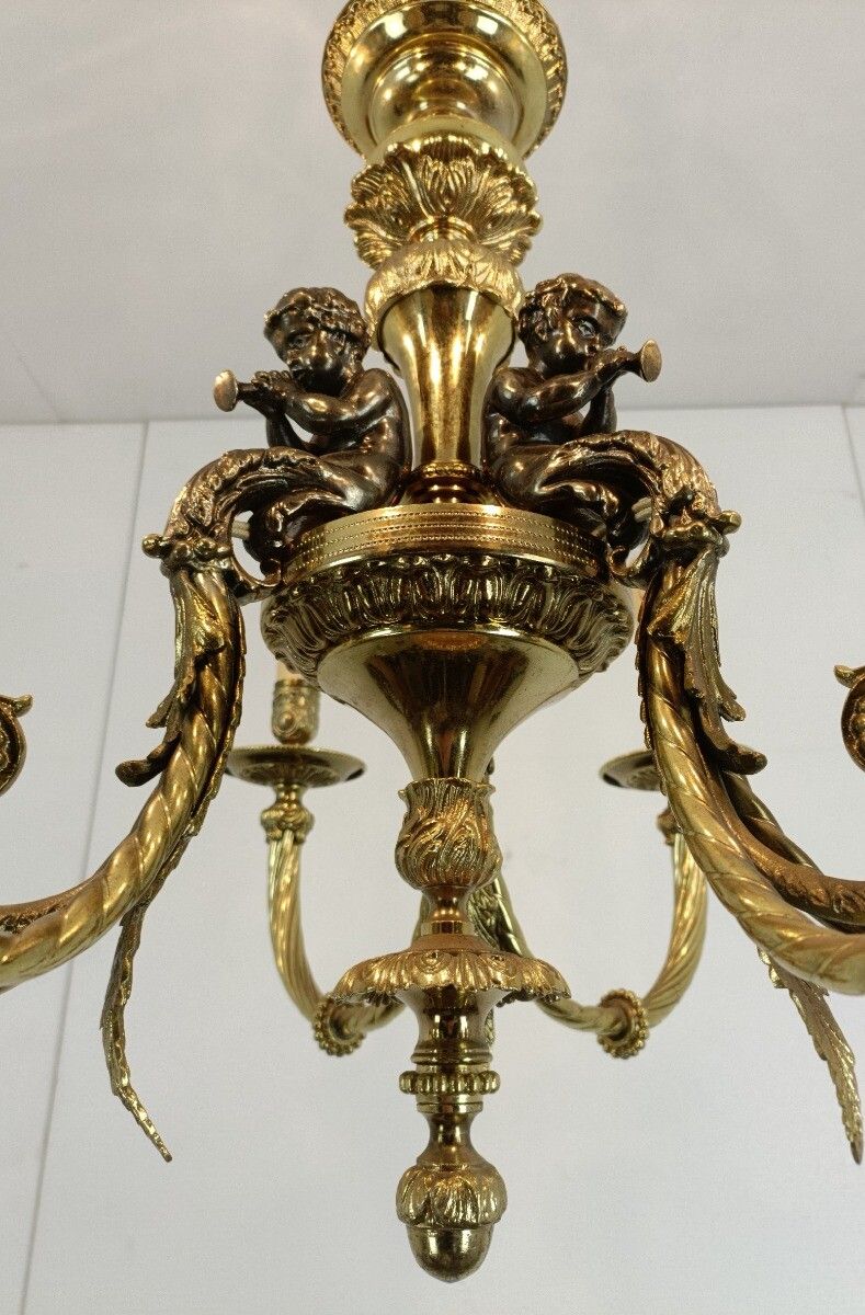 Exquisite Hollywood Regency Chandelier 6 Arm Bronze Patinated Cherubs Trumpet photo vinterior