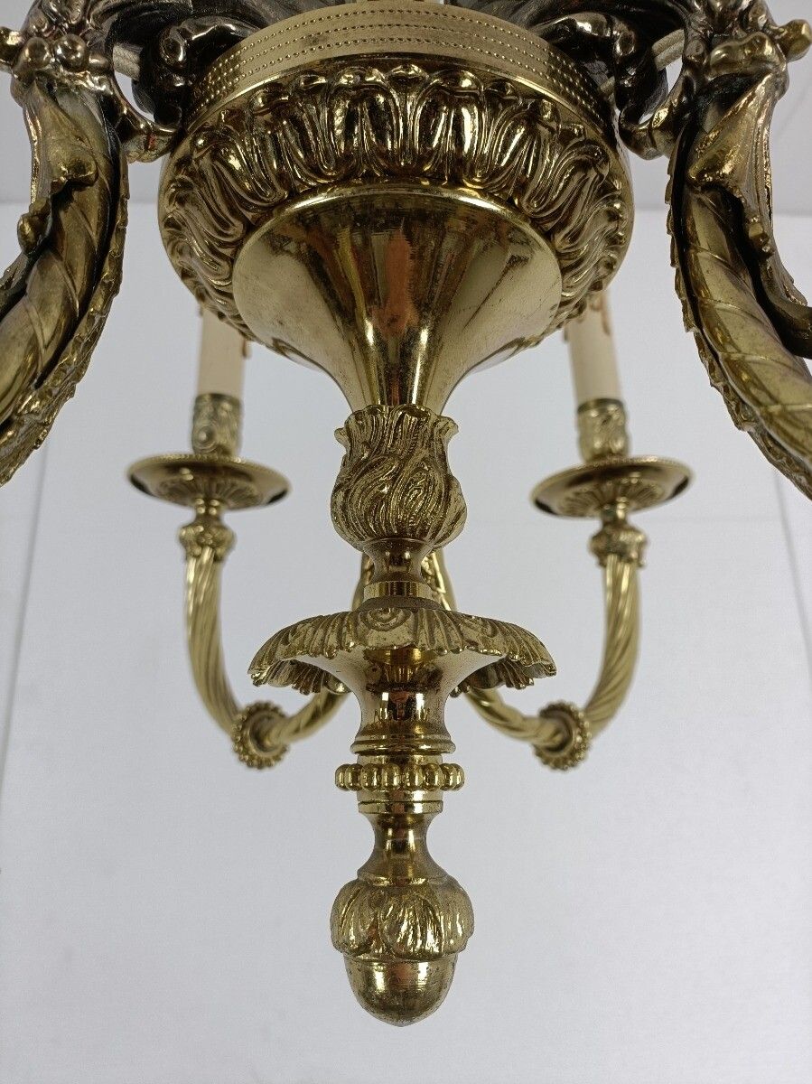 photo for sale Exquisite Hollywood Regency Chandelier 6 Arm Bronze Patinated Cherubs Trumpet