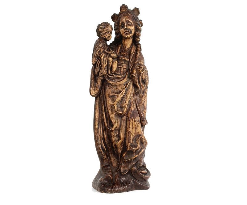 Large Statue Art Deco Brown Plaster Madonna Virgin Mary With Infant Jesus