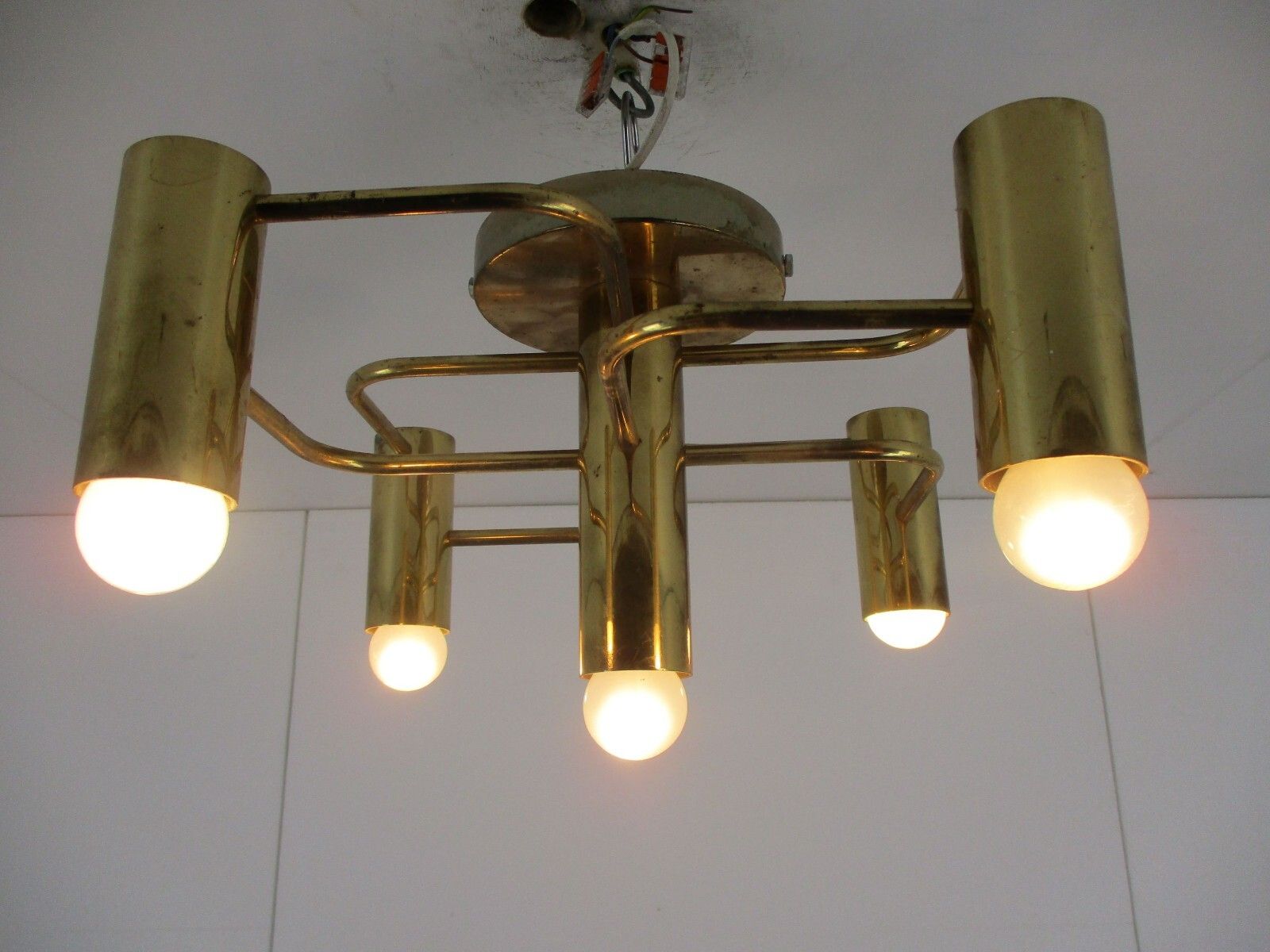 Mid Century Modern 1960s Gold Metal Chandelier 5 Lights Boulanger Sciolari photo for sale