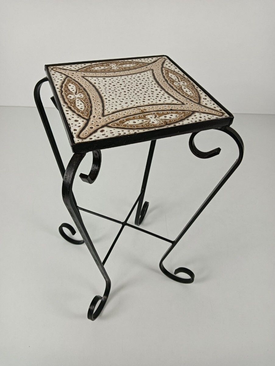 Vintage Wrought Iron Ceramic Tiles Top Small Side Occasional Wine Table Retro Fu photo vinterior