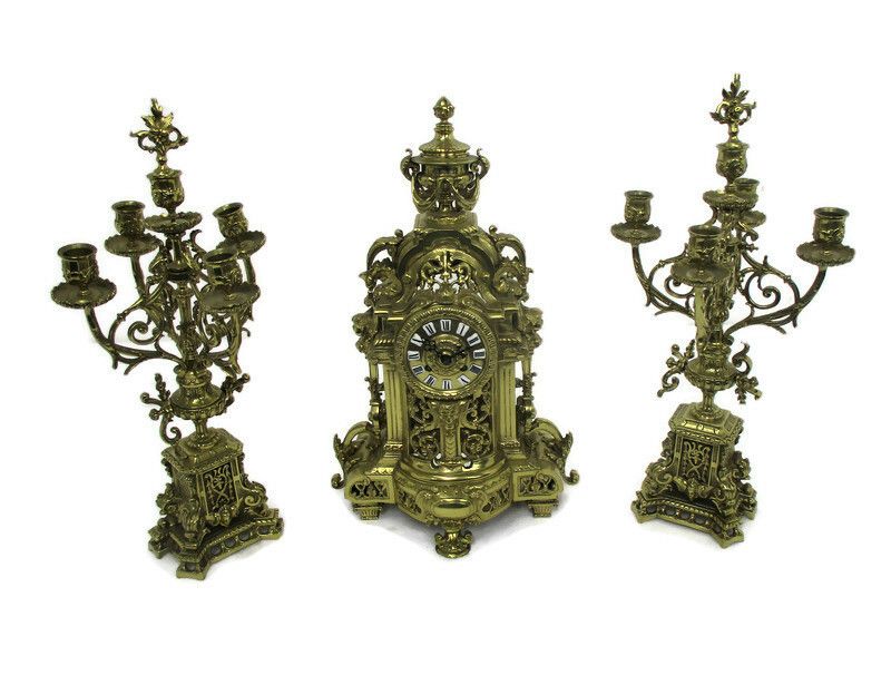 3 Piece Garniture Mantle Set 5 Arm Candelabras Clock Set Working Ornate Antique