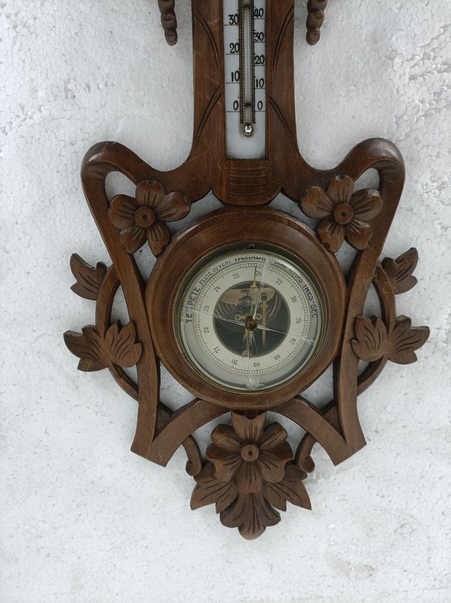 German Hand Carved Wood Barometer Thermometer Weather Station Black Forest Style photo 101.0