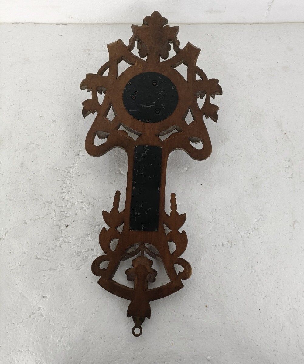 German Hand Carved Wood Barometer Thermometer Weather Station Black Forest Style photo vintage