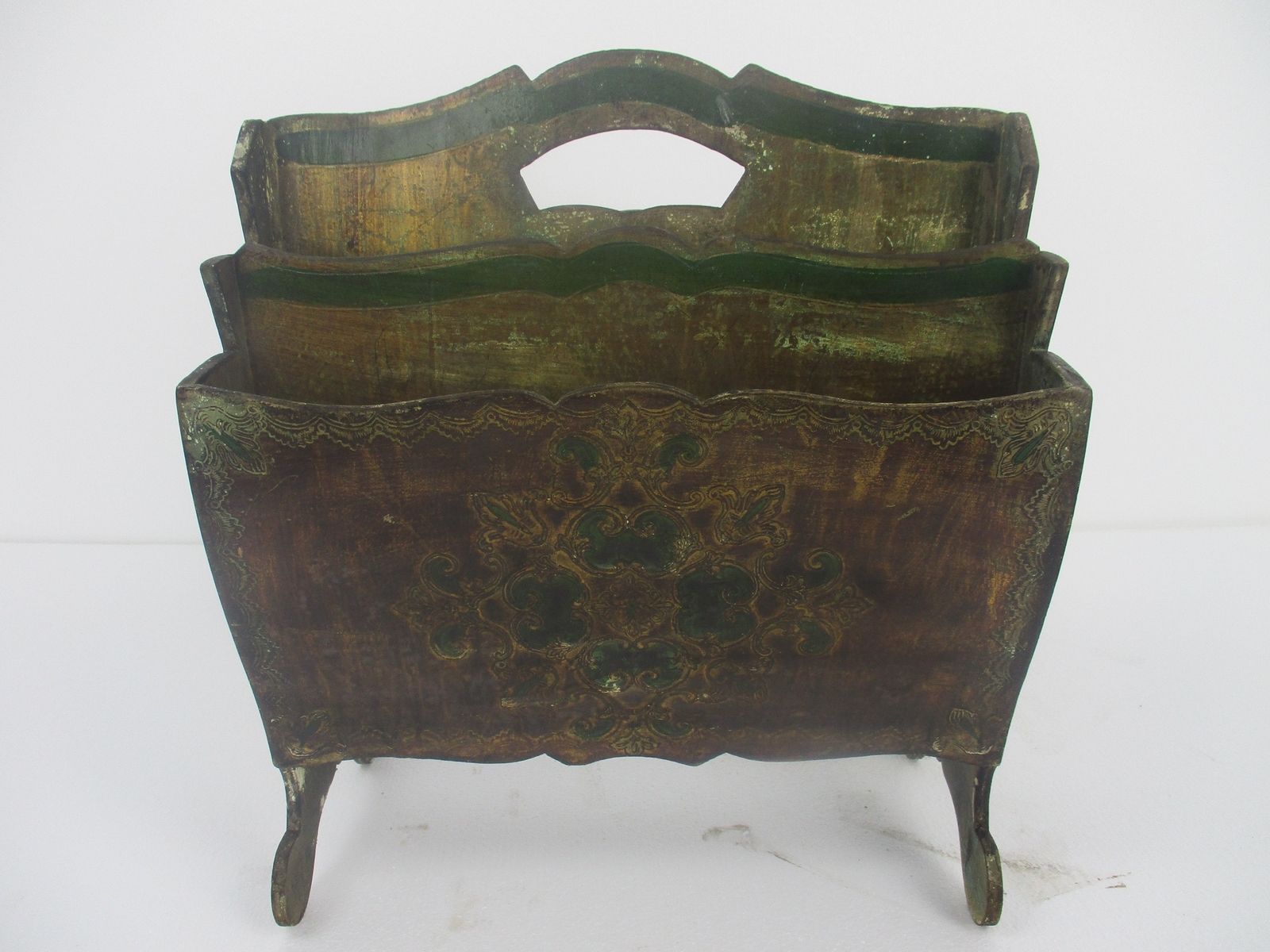 Florentine Wooden Magazine Newspaper Basket Hollywood Regency  Green Gold photo furniture