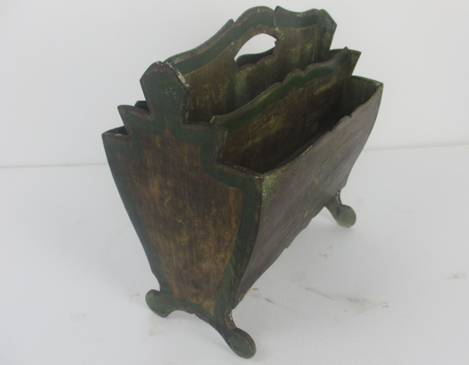 Florentine Wooden Magazine Newspaper Basket Hollywood Regency  Green Gold photo buy
