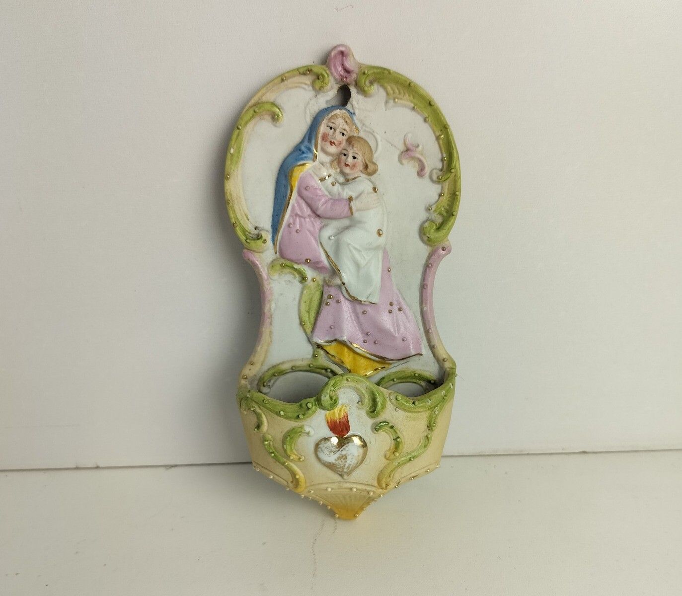 Antique Holy Water Font Vessel Bisque Porcelain Polychrome Virgin Mary Infant Ho photo furniture