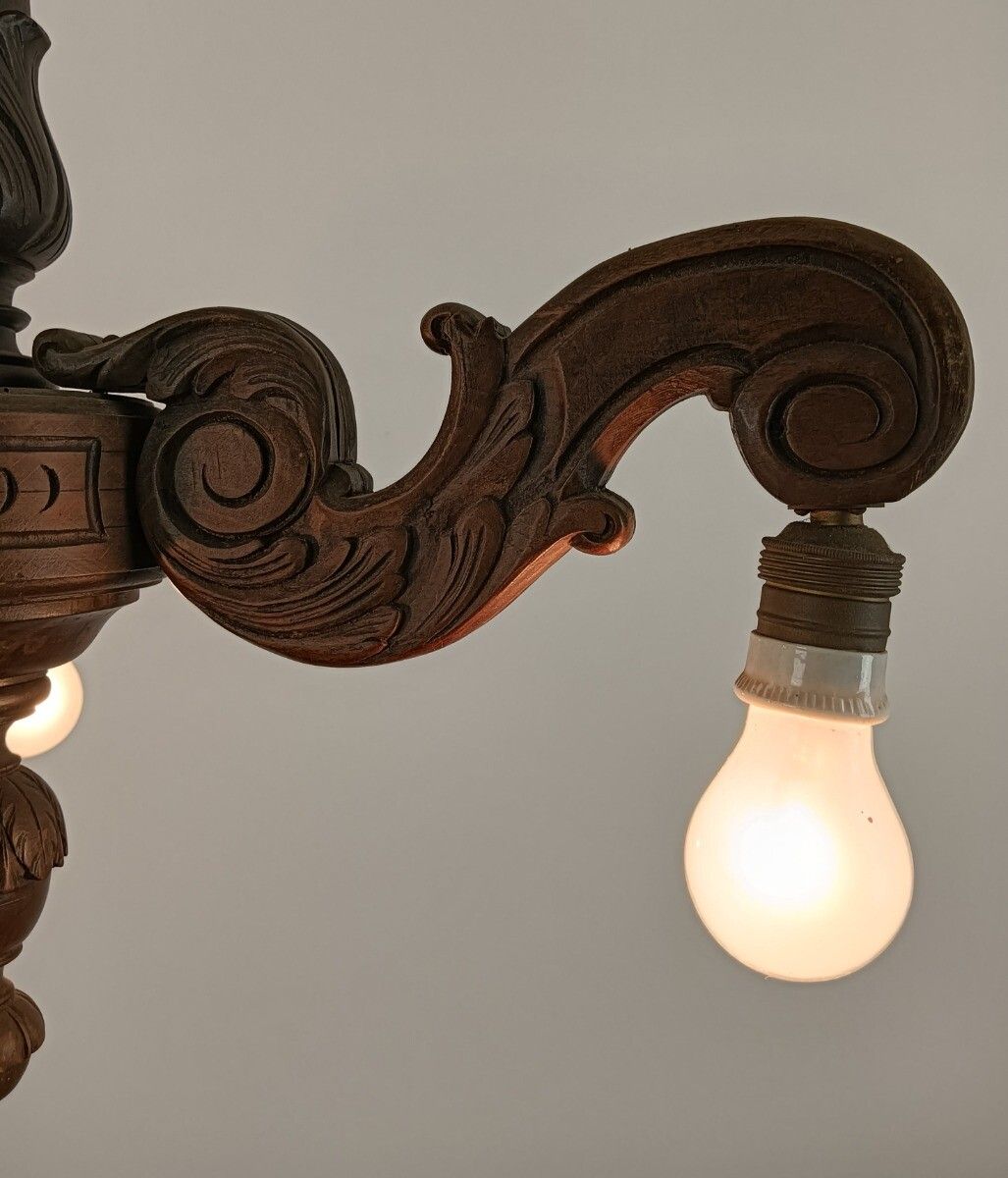 Chandelier Vintage Carved Wood Country Style 3 Lights Arms Fixture Light Barn St photo buy