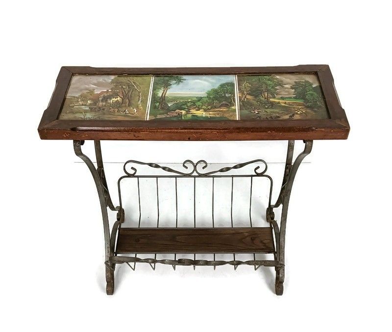 Vintage Magazine Newspaper Basket Side Table Ceramic Tiles Wrought Iron Dutch
