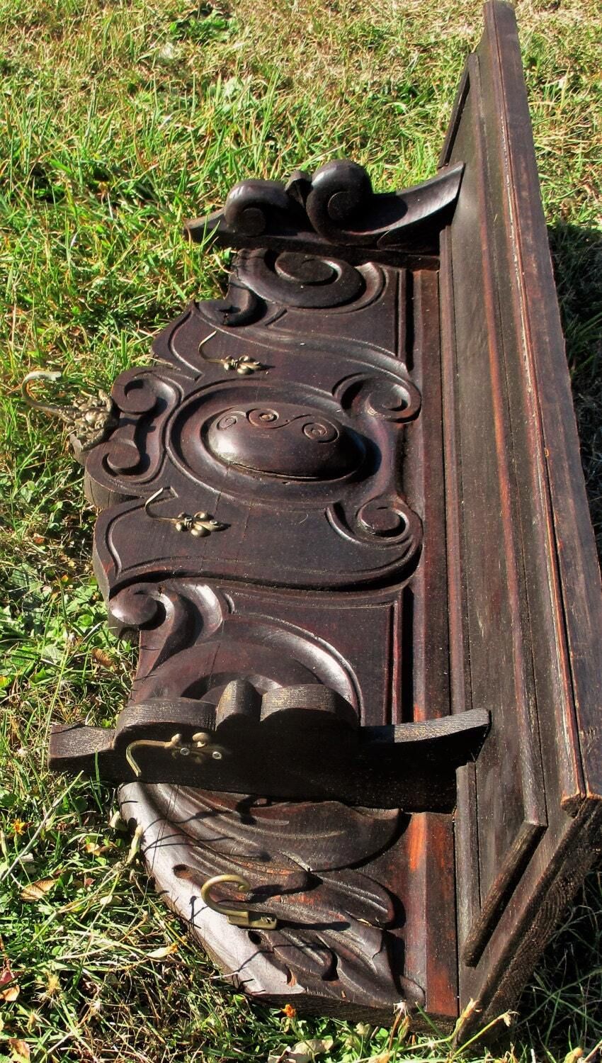 French Dark Wooden Gorgeous Antique Hand Carved Wood Coat Hat Rack photo furniture