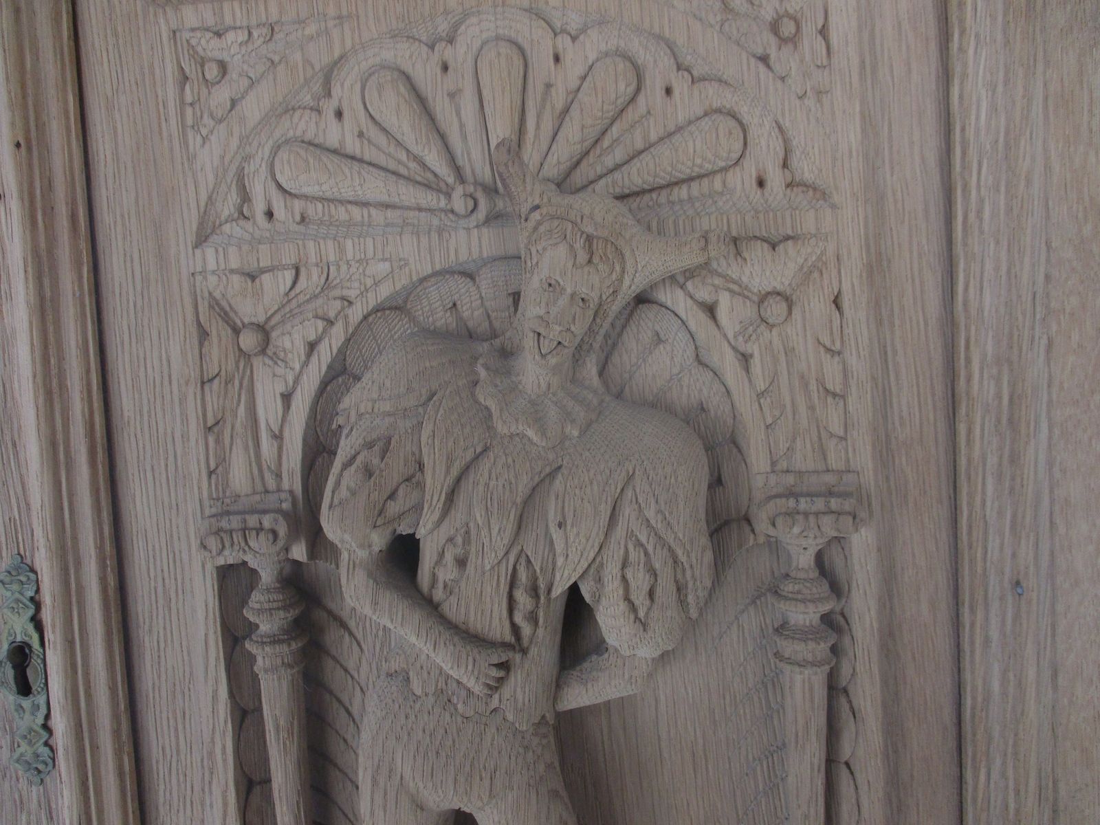 Antique Hand Carved Wood Door Panel Reclaimed Architectural Medieval Jester Sand photo for sale