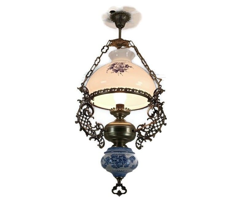 Gorgeous Delft  Chandelier Blue White With Lampe Belge Antique French Country St