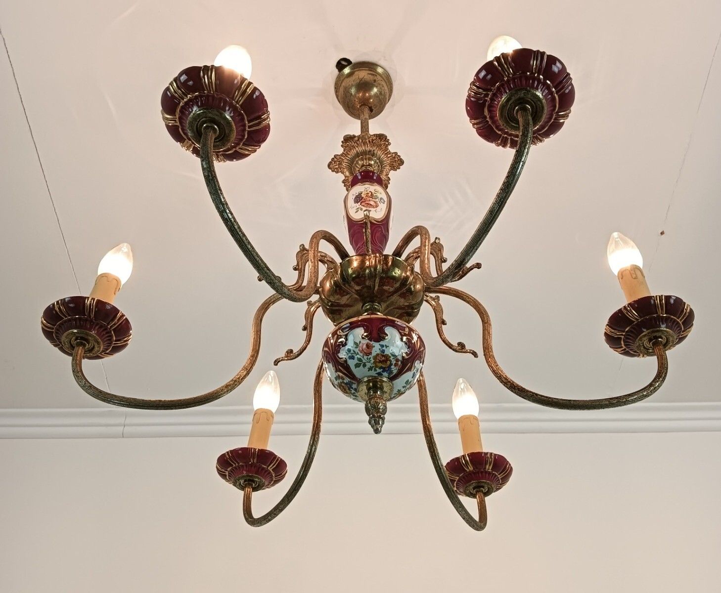 Chandelier Porcelain Polychrome Flowers Italian Italy Vintage 6 Lights Romantic photo 344.0