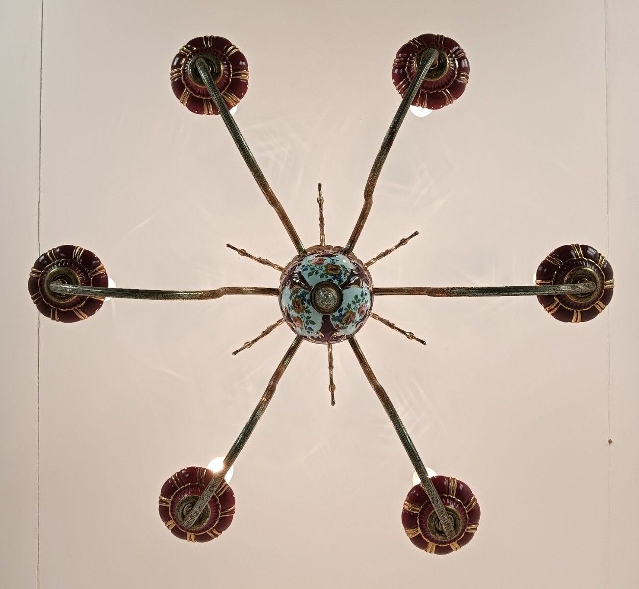photo for sale Chandelier Porcelain Polychrome Flowers Italian Italy Vintage 6 Lights Romantic