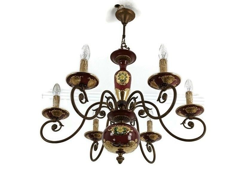 Venetian Italian Porcelain Pottery Faience Chandelier Vintage 6 Lights Beautiful