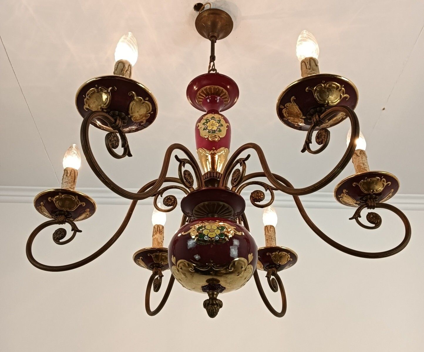 Venetian Italian Porcelain Pottery Faience Chandelier Vintage 6 Lights Beautiful photo 404.0