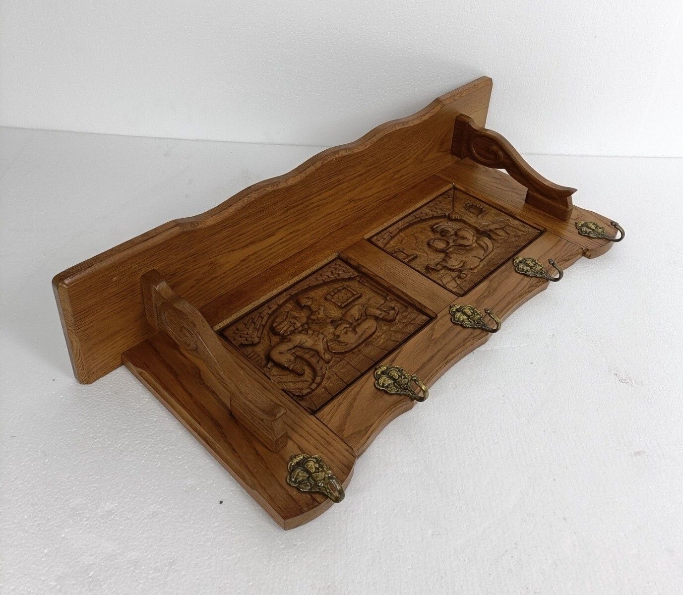 photo furniture Hand Carved Wood Coat Hat Rack Ornate Oriental Scenes 50s 60s