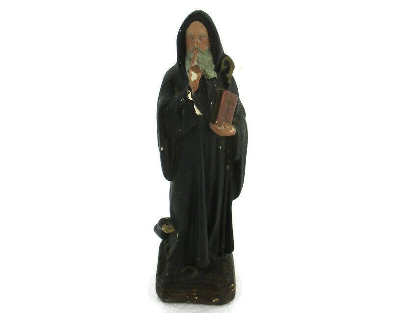 Vintage Statue Figurine St Saint Benedict Of Nursia Raven Plaster Gothic Htf 8.6