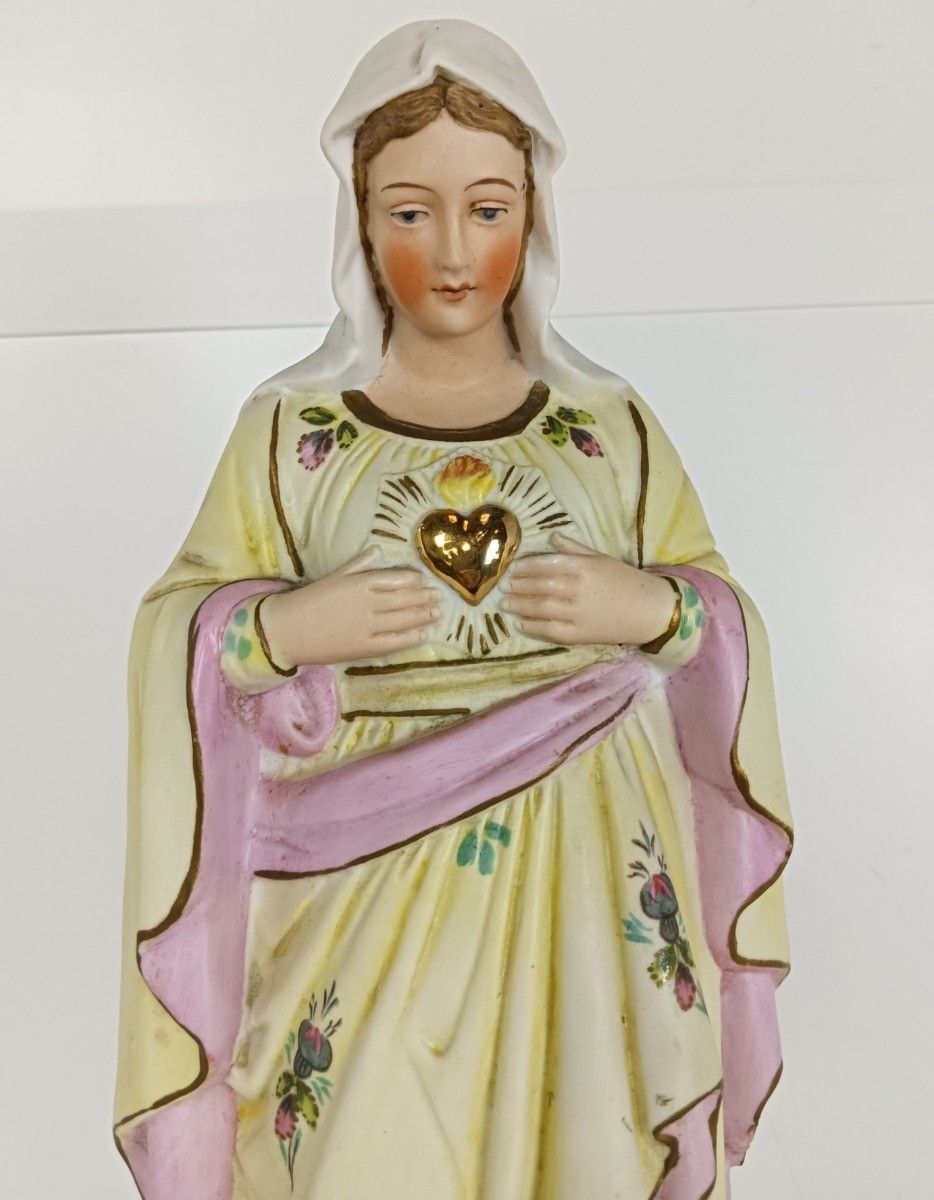 Antique Porcelain Bisque Hand Painted Madonna Virgin Mary Holy Heart photo Art