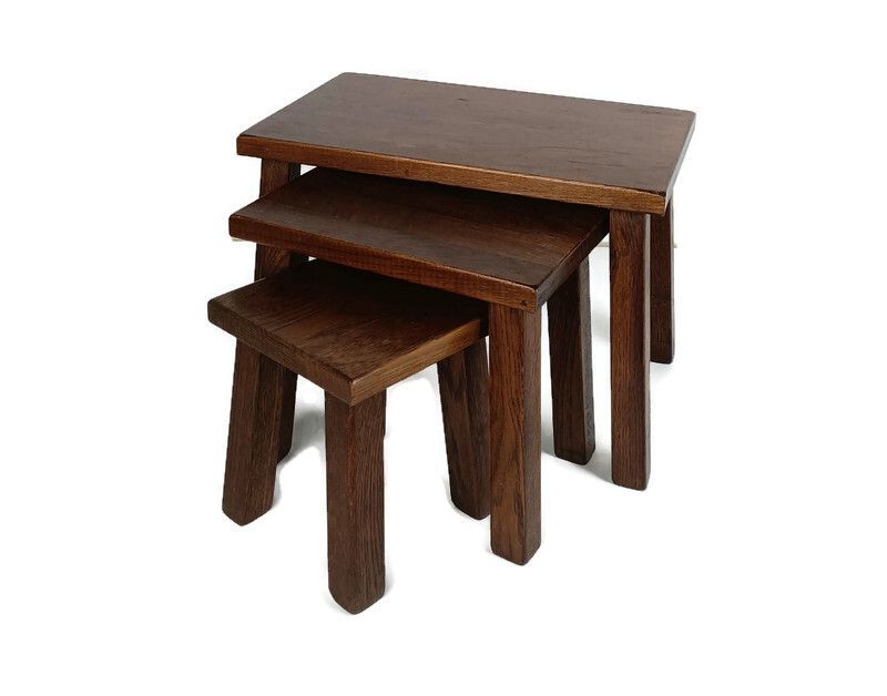 Set Of 3 Mid Century Wooden Stacking Nesting Tables Side Coffee Tables Brutalist
