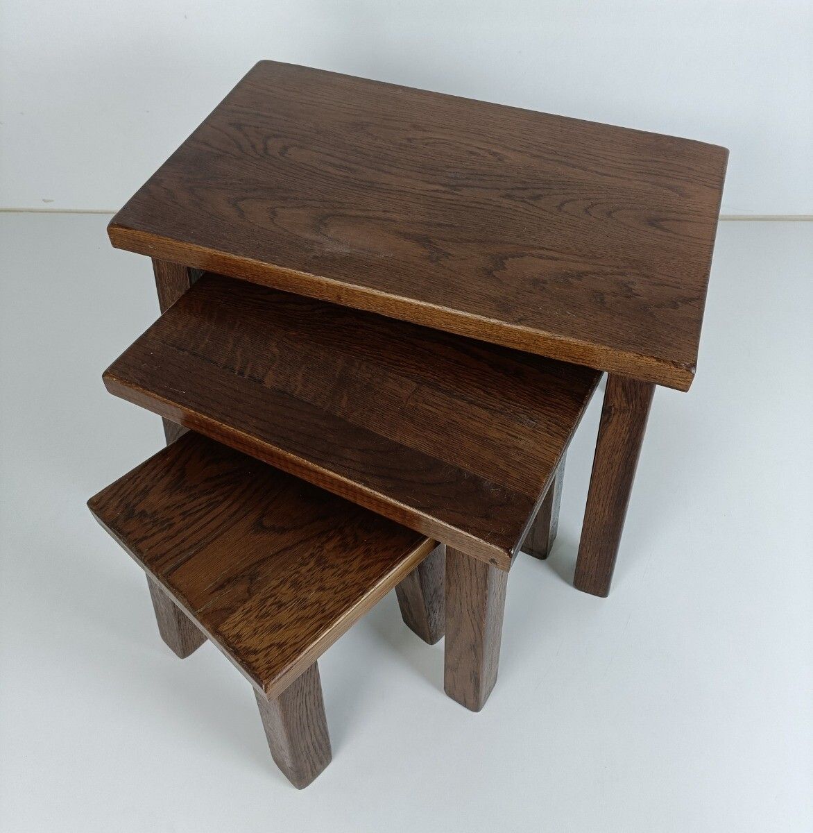 Set Of 3 Mid Century Wooden Stacking Nesting Tables Side Coffee Tables Brutalist photo for sale