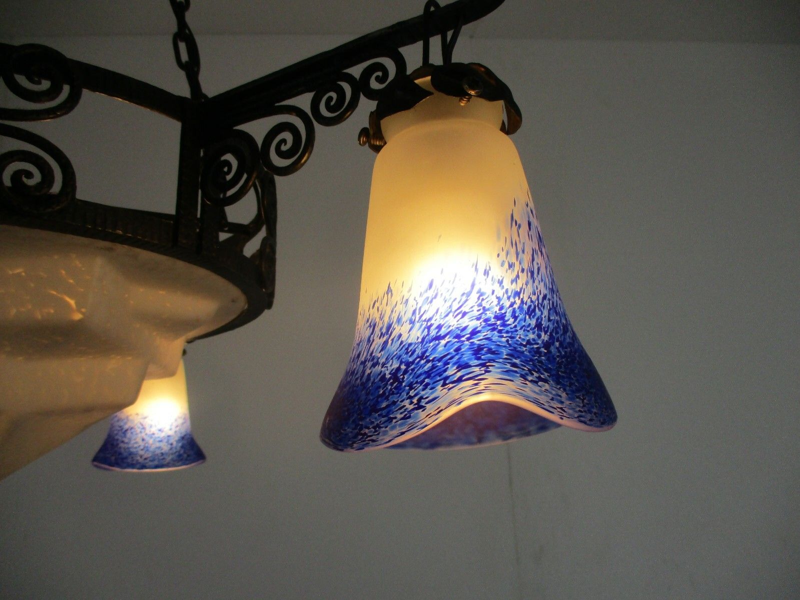Art Nouveau Deco  French Pate De Verre Chandelier Glass Paste Wrought Iron Wow photo for sale