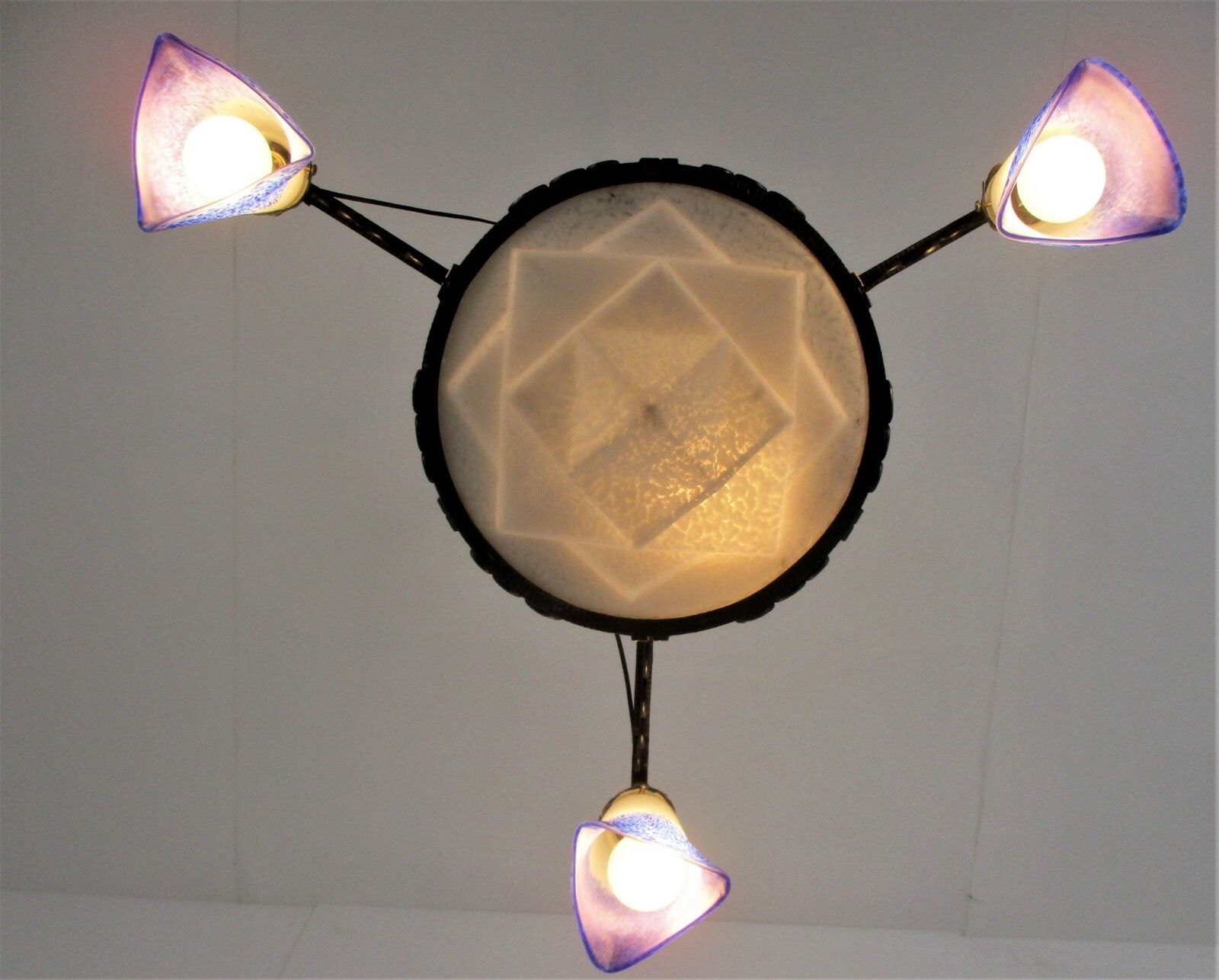 Art Nouveau Deco  French Pate De Verre Chandelier Glass Paste Wrought Iron Wow photo Lighting