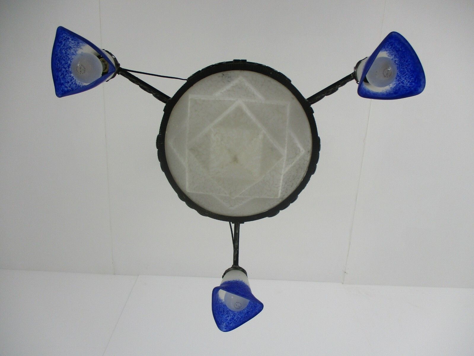 photo for sale Art Nouveau Deco  French Pate De Verre Chandelier Glass Paste Wrought Iron Wow
