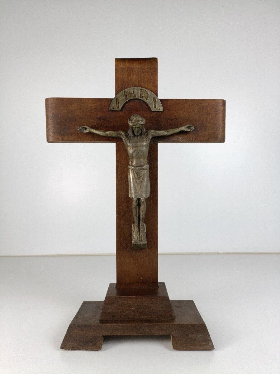 Art Deco Standing Crucifix Wood Oak Spelter Corpus Modernist Antique Cross photo furniture