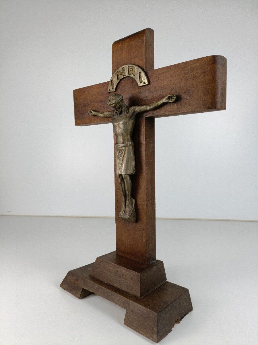 Art Deco Standing Crucifix Wood Oak Spelter Corpus Modernist Antique Cross photo Home Decor
