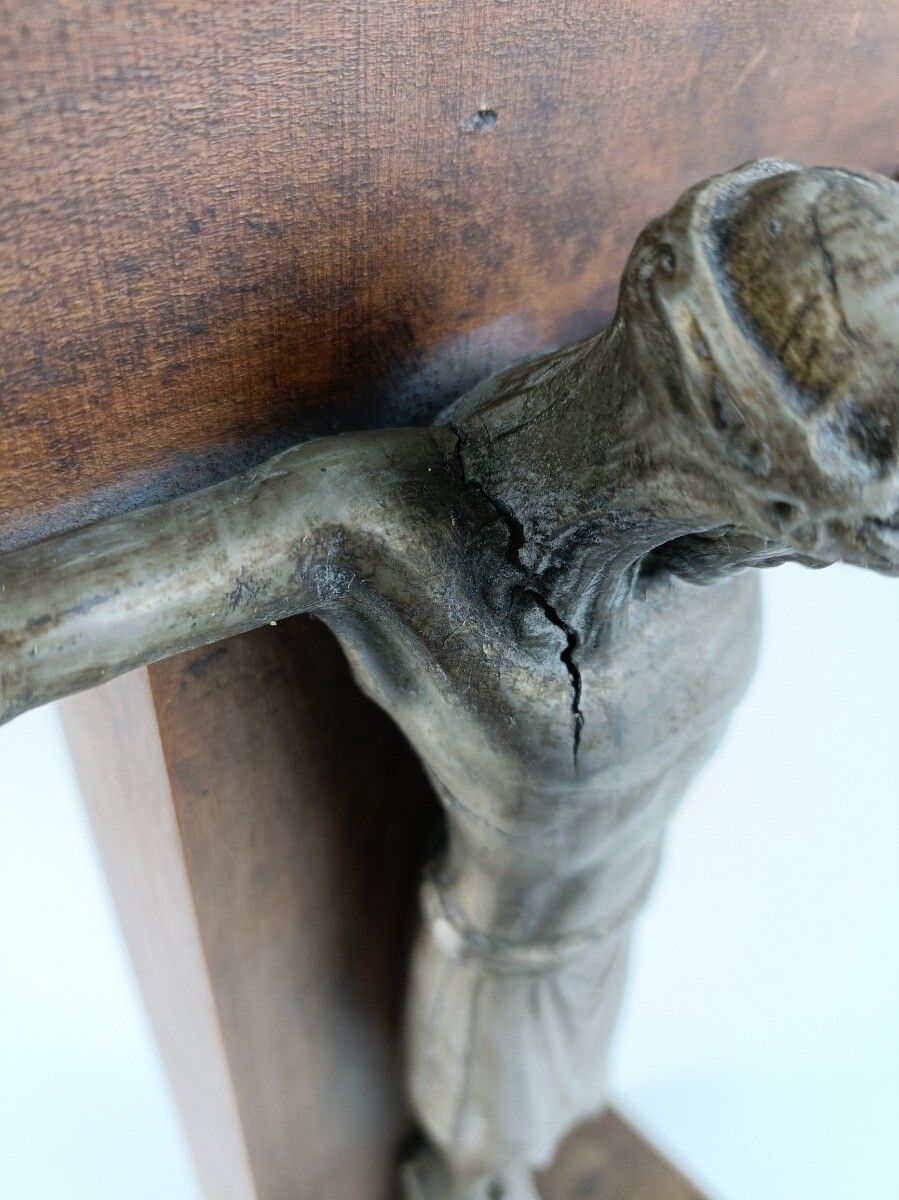 Art Deco Standing Crucifix Wood Oak Spelter Corpus Modernist Antique Cross photo buy