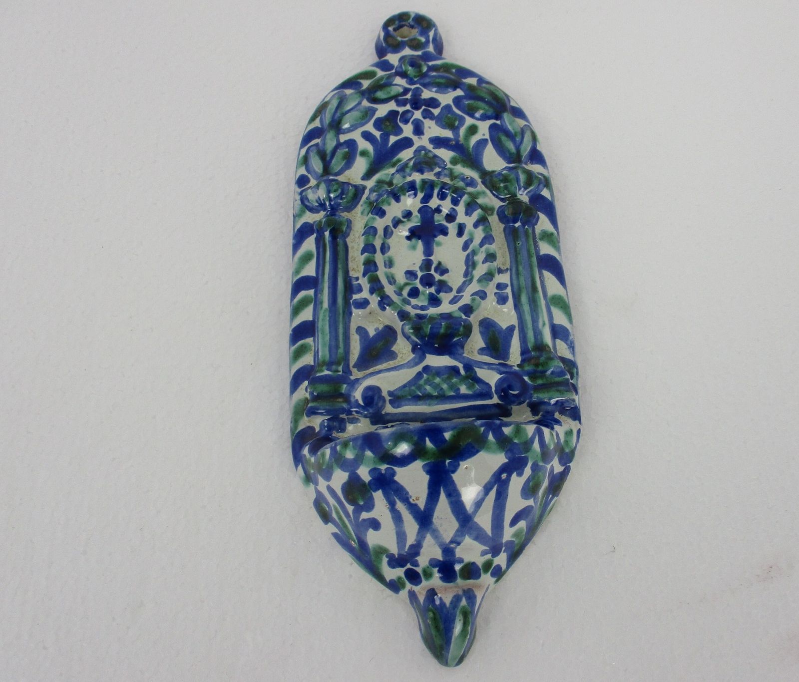 Large Blue  White Spanish Holy Water Font Vessel Hand Painted Ceramic Wall Hangi photo furniture