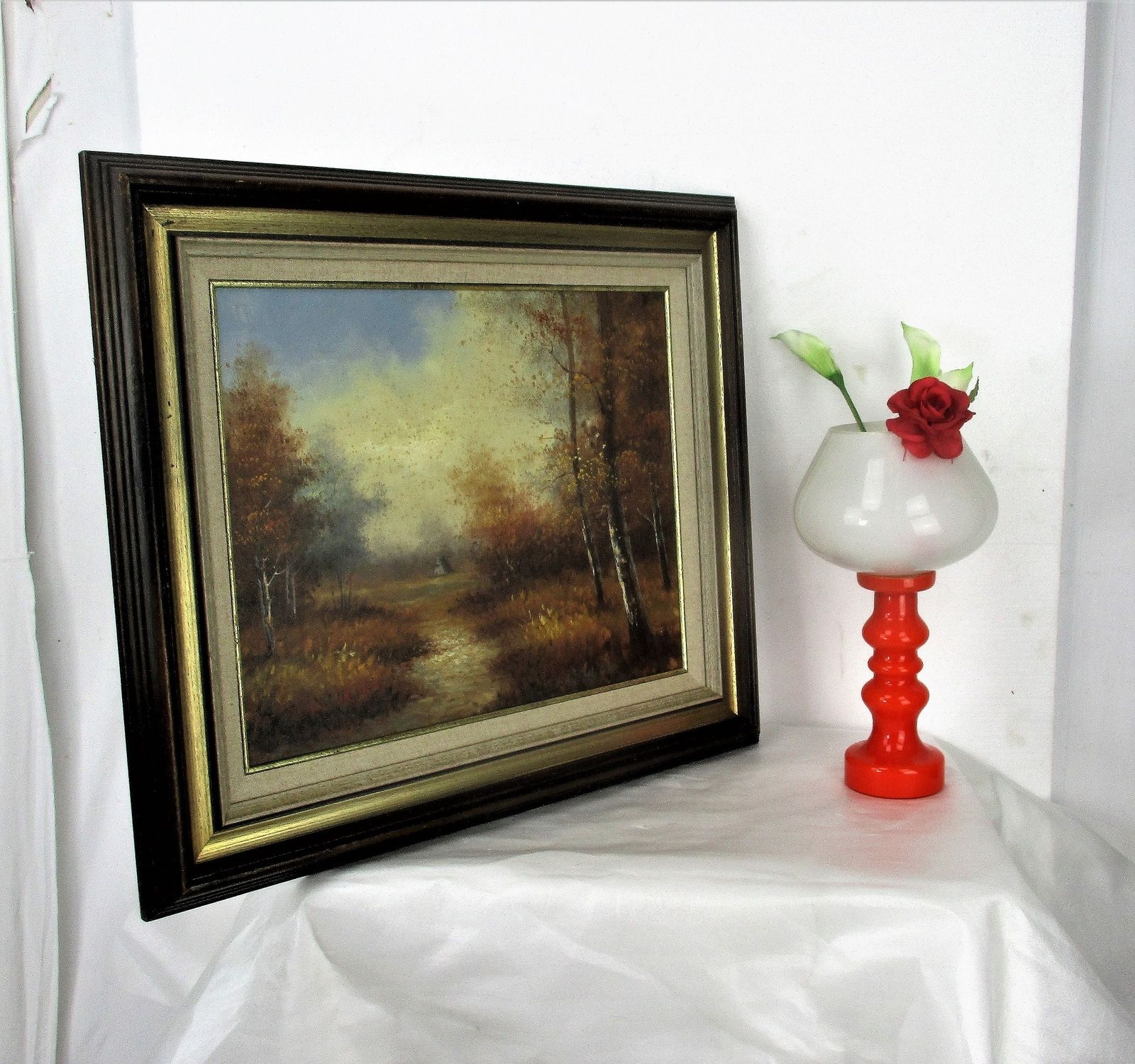 Small Lovely Oil Painting On Canvas Framed Landscape Wood Cabin