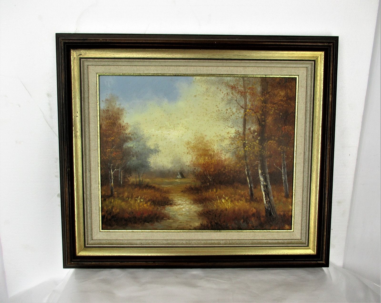 Small Lovely Oil Painting On Canvas Framed Landscape Wood Cabin photo for sale