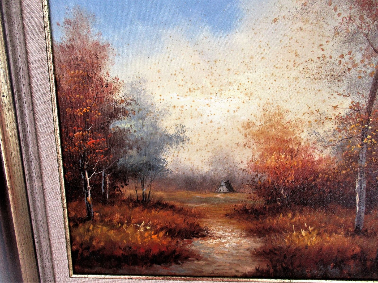 Small Lovely Oil Painting On Canvas Framed Landscape Wood Cabin photo Art
