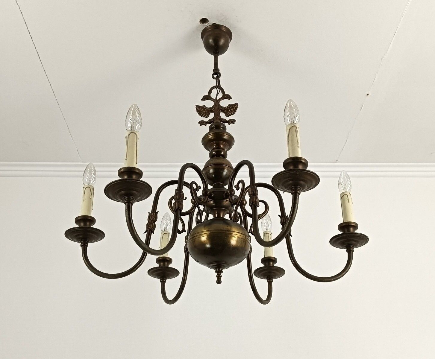 Flemish Dutch Chandelier Eagles Fish Brass Vintage Fixture 6 Lights Barn Farmhou photo furniture