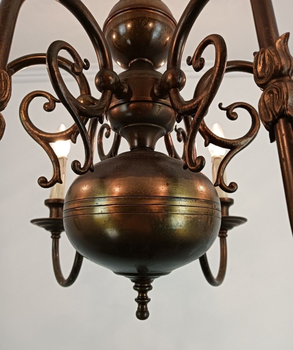 Flemish Dutch Chandelier Eagles Fish Brass Vintage Fixture 6 Lights Barn Farmhou photo vinterior