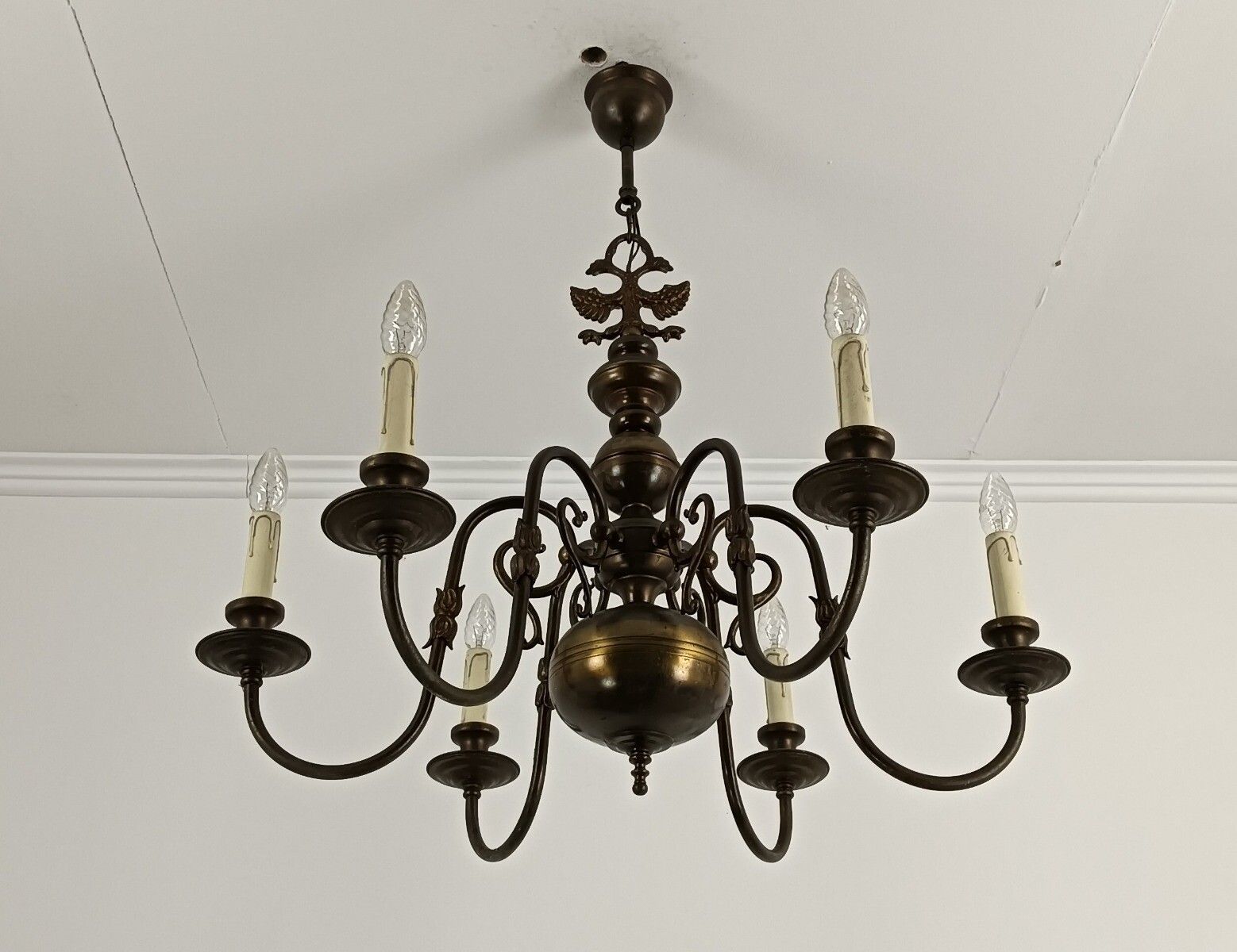 Flemish Dutch Chandelier Eagles Fish Brass Vintage Fixture 6 Lights Barn Farmhou photo vintage